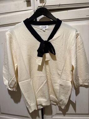 TulipB Cream V-Neck Tie-Front Sweater with Black Trim